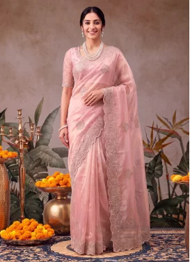 Fancy Fabric Classic Saree with Embroidered Work for Ceremonial in Salmon