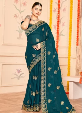 Fancy Fabric Classic Saree with Embroidered Work in Teal for Party
