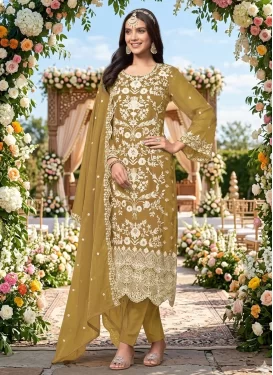 Fancy Fabric Embroidered Work Straight Suit in Aloe Veera Green