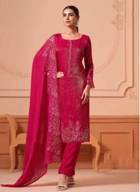 Fancy Fabric Embroidered Work Straight Suit in Red
