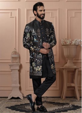 Fancy Fabric Indo Western in Black with Cord Work for Men