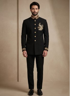 Fancy Fabric Jodhpuri Suit in Black with Beads Work for Festival