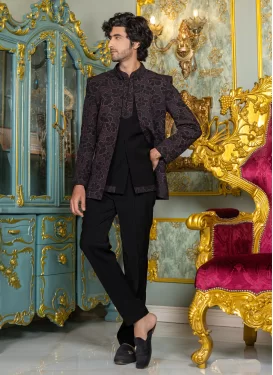Fancy Fabric Jodhpuri Suit in Black with Fancy Work for Festival