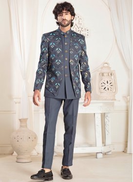 Fancy Fabric Jodhpuri Suit in Grey with Woven Work for Men