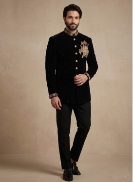 Fancy Fabric Jodhpuri Suit with Beads Work in Black