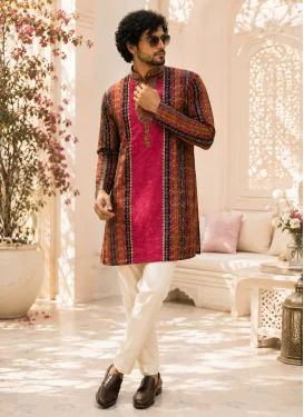 Fancy Fabric Kurta Pajama in Multi Colour with Digital Print Work for Festival