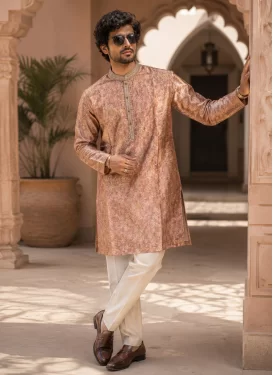 Fancy Fabric Kurta Pajama in Salmon and White with Digital Print Work for Men