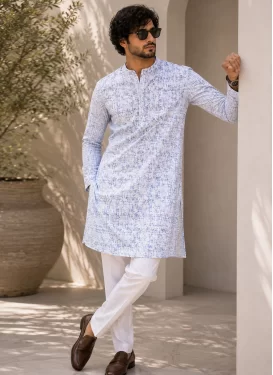 Fancy Fabric Kurta Pajama with Digital Print Work in White