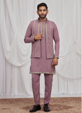 Fancy Fabric Kurta Pajama With Jacket with Beads Work for Men in Mauve Pink