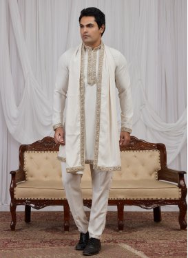 Fancy Fabric Kurta Pajama With Jacket with Cutdana Work for Men in Off White