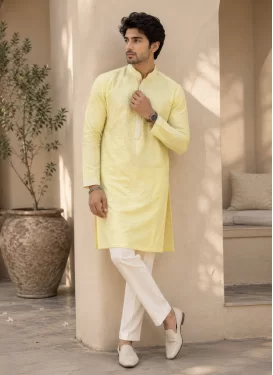 Fancy Fabric Kurta Pajama with Resham Work in White and Yellow