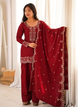 Fancy Fabric Palazzo Suit with Embroidered Work in Red
