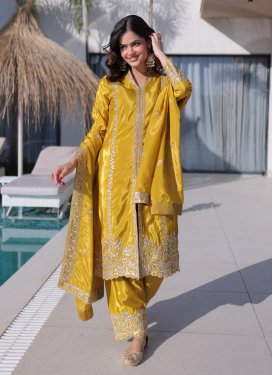 Fancy Fabric Readymade Salwar Suit with Embroidered Work for Party in Mustard