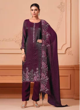 Fancy Fabric Straight Suit with Embroidered Work for Women in Wine