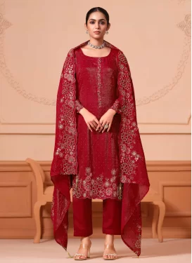 Fancy Fabric Straight Suit with Embroidered Work in Red for Party