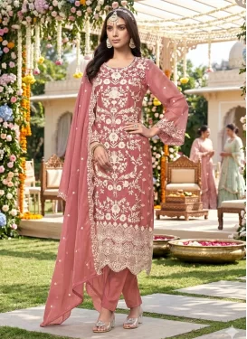 Fancy Fabric Straight Suit with Embroidered Work in Salmon for Ceremonial