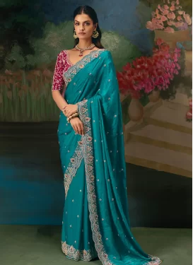Fancy Fabric Traditional Saree with Cutdana Work for Bridal in Teal