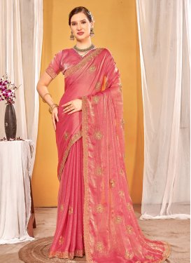 Fancy Fabric Traditional Saree with Embroidered Work for Women in Salmon