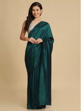 Fancy Work Satin Silk Trendy Saree in Teal for Women