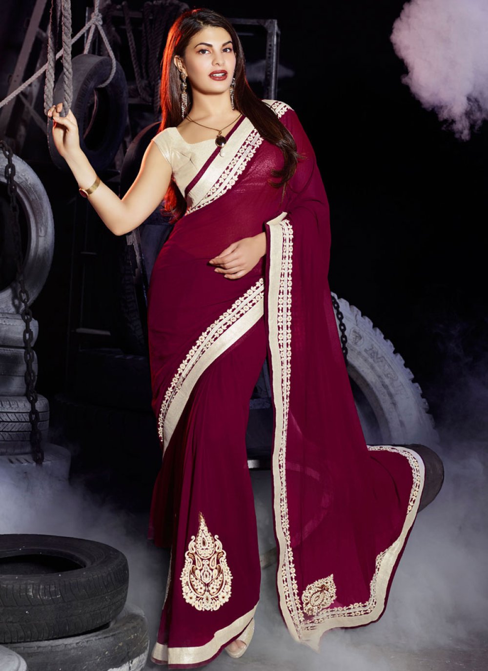 Maroon embroidered & ruffle readymade lycra designer catalog saree with  semi-stiched matching embroidered blouse & belt