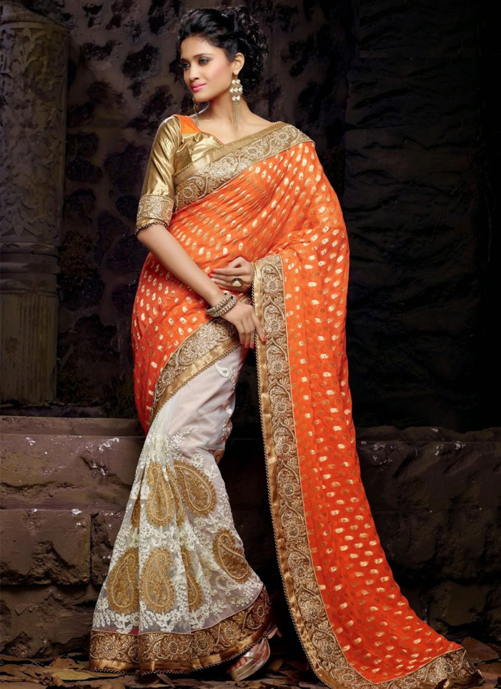 Flamboyant Silk Designer Half and Half Saree for Wedding and Haldi