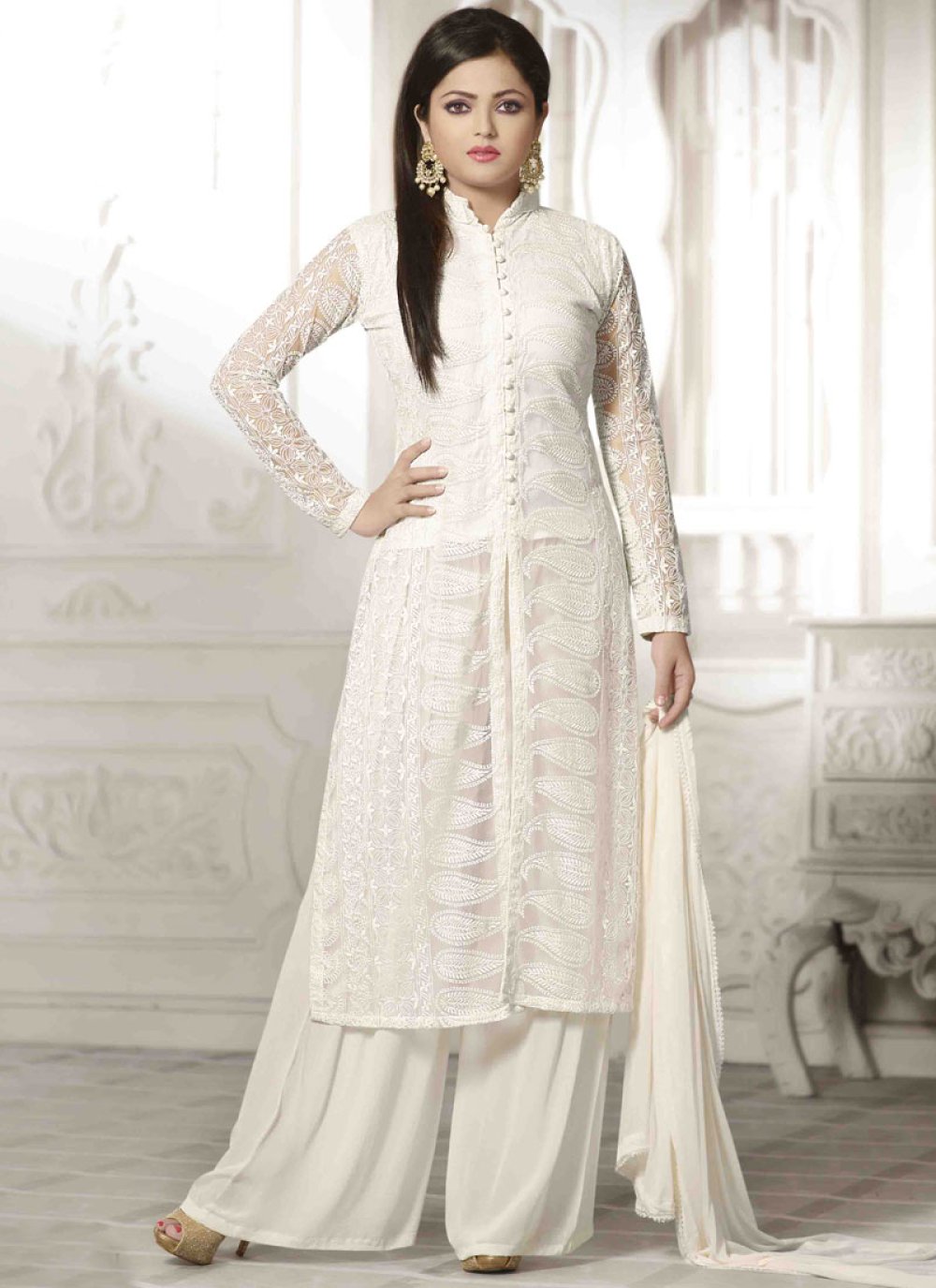 Off White Gown in Chikan fabric with Embroidery Work online Kishori |  Kishori