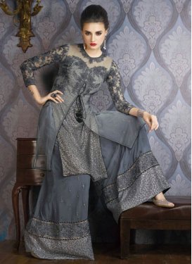 Fashionable Grey Color Palazzo Style Party Wear Suit