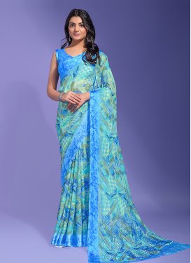 Faux Chiffon Blue and Turquoise Digital Print Work Designer Traditional Saree