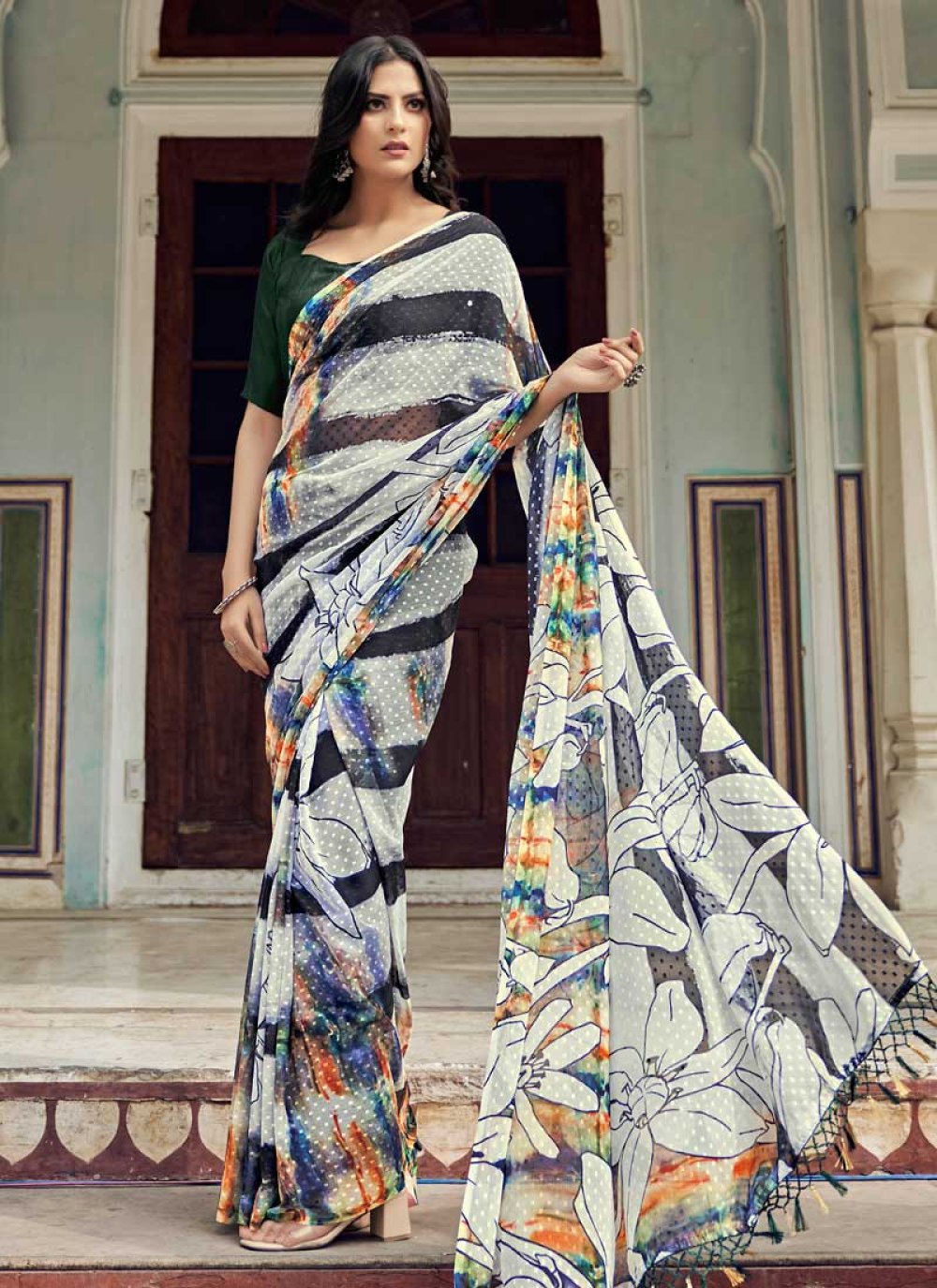 SIRIL Women's Lace & Printed Chiffon Saree with Unstitched Blouse  Piece(2760S552_White, Black) : Amazon.in: Fashion