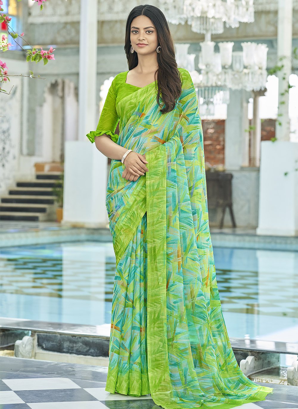 Faux Chiffon Digital Print Work Mint Green and Turquoise Designer Contemporary Saree