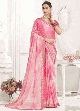 Faux Chiffon Digital Print Work Off White and Pink Traditional Designer Saree