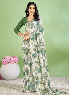 Faux Chiffon Green and Off White Digital Print Work Designer Contemporary Style Saree