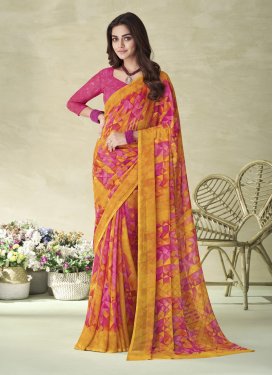 Faux Chiffon Hot Pink and Mustard Designer Contemporary Style Saree