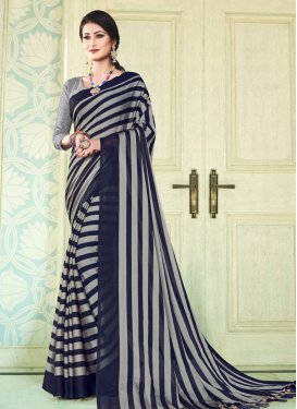 Faux Chiffon Navy Blue and Silver Color Trendy Classic Saree