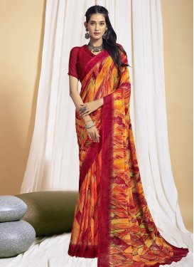 Faux Chiffon Orange and Red Traditional Designer Saree For Casual