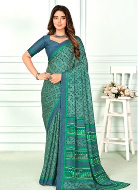 Faux Chiffon Sea Green and Teal Digital Print Work Designer Contemporary Style Saree