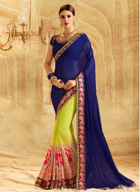 Faux Georgette Aloe Veera Green and Navy Blue Half N Half Trendy Saree For Festival