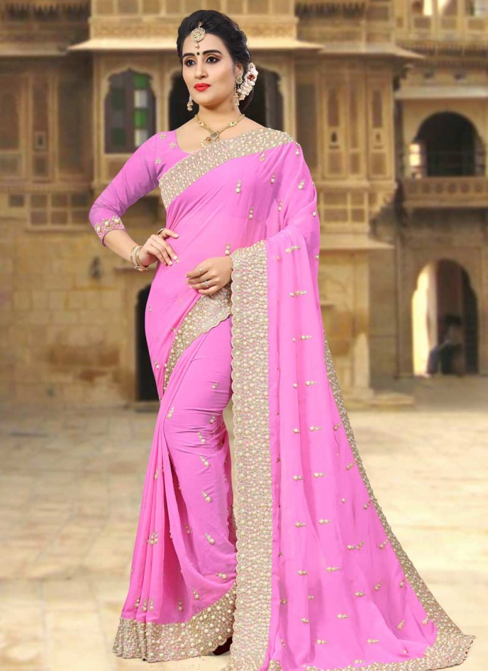 Faux Georgette Beads Work Trendy Classic Saree
