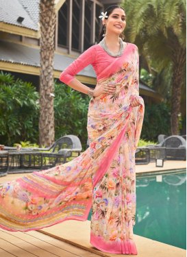 Faux Georgette Beige and Hot Pink Designer Traditional Saree For Casual