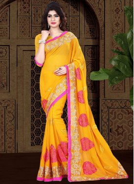 Faux Georgette Booti Work Mustard Traditional Designer Saree For Festival