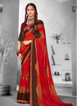 Faux Georgette Digital Print Work Coffee Brown and Red Trendy Classic Saree