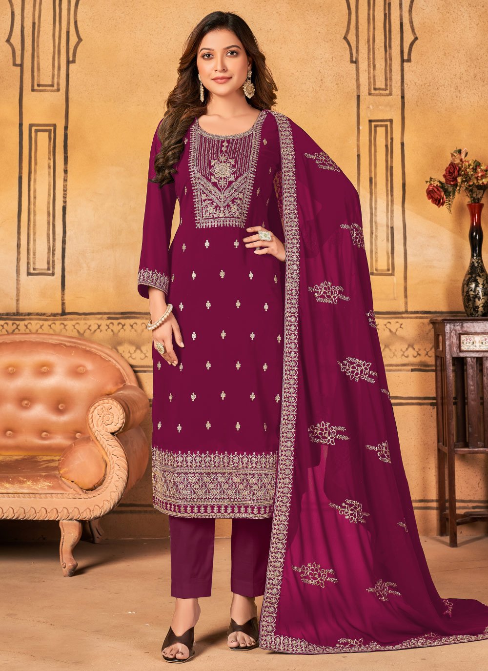 Faux Georgette Embroidered Work Pant Style Designer Salwar Suit