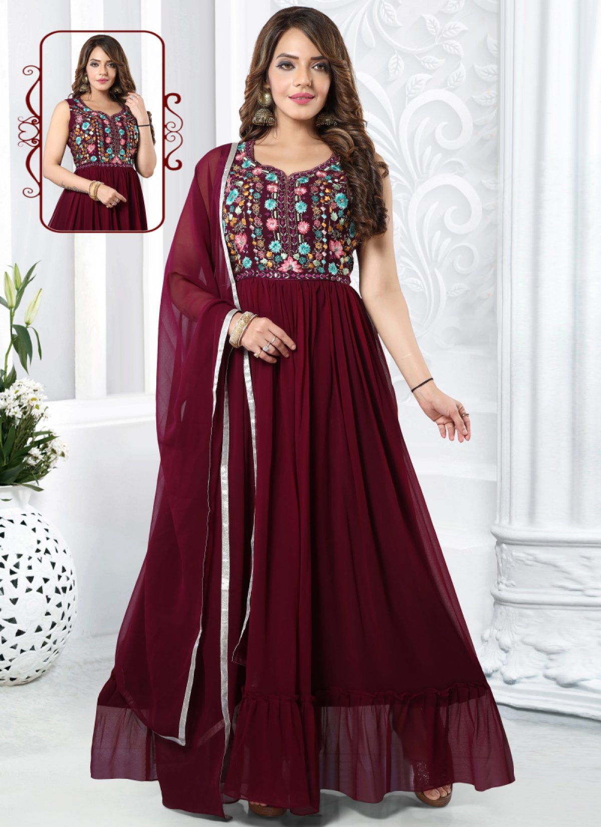 Yellow Faux Georgette with Embroidered Work Gown With Dupatta