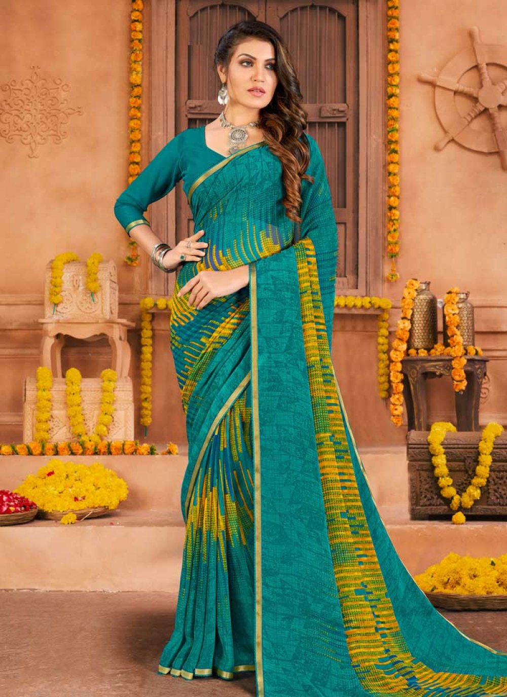 Faux Georgette Floral Work Contemporary Style Saree