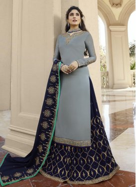 Faux Georgette Grey and Navy Blue Kameez Style Lehenga Choli