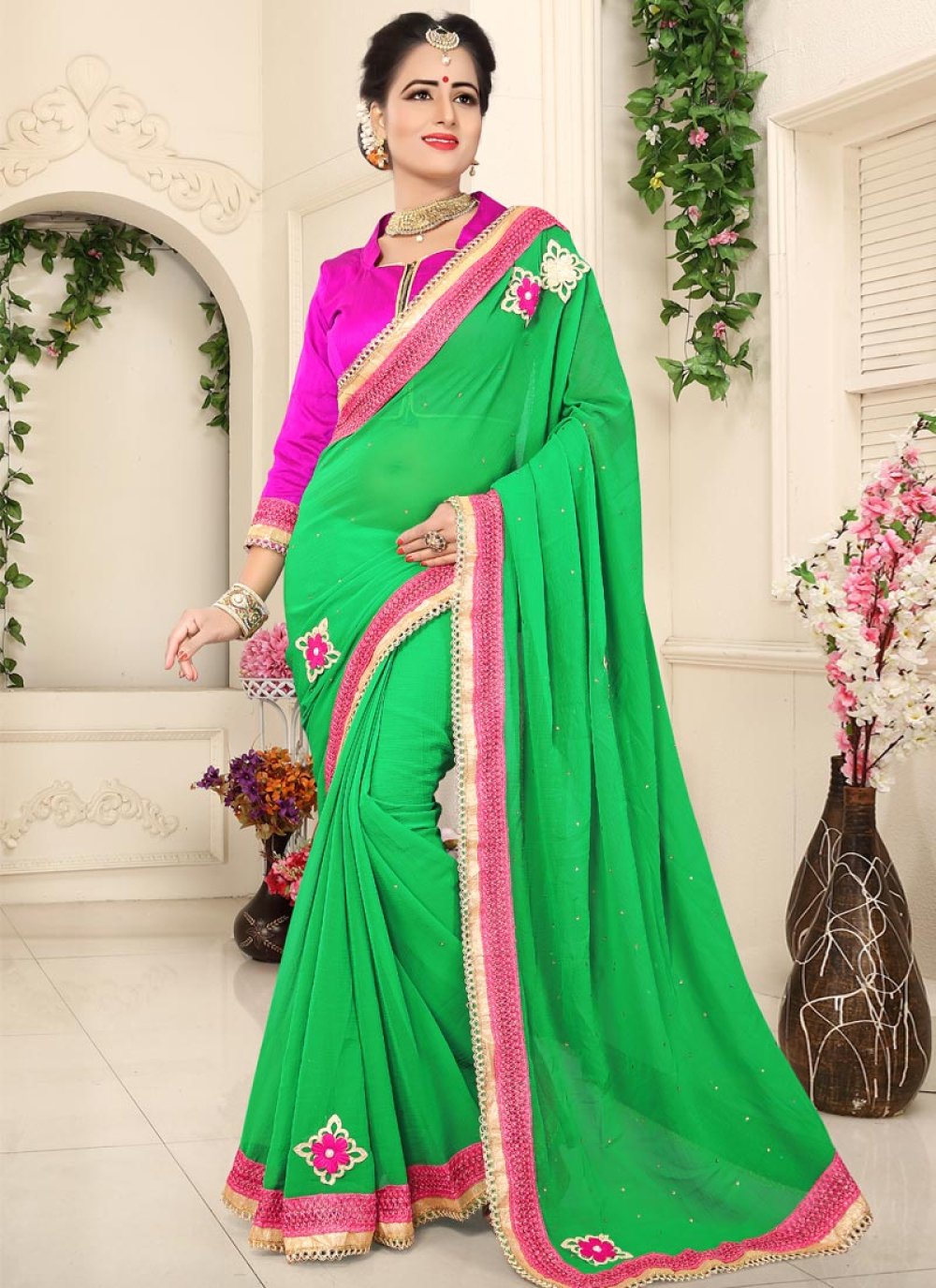 Faux Georgette Lace Work Trendy Classic Saree