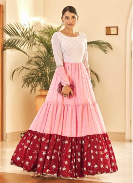Faux Georgette Off White and Pink Floor Length Trendy Gown