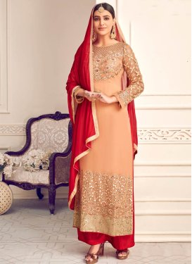 Faux Georgette Peach and Red Embroidered Work Palazzo Style Pakistani Salwar Kameez