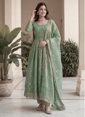 Fendi Silk Anarkali Suit in Sea Green with Embroidered Work for Festival