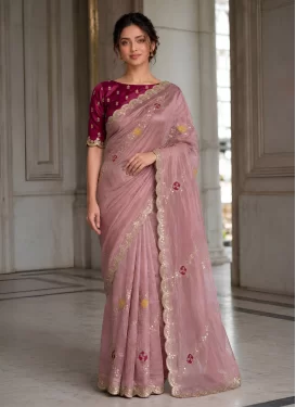Fendi Silk Classic Saree in Mauve Pink with Embroidered Work for Women